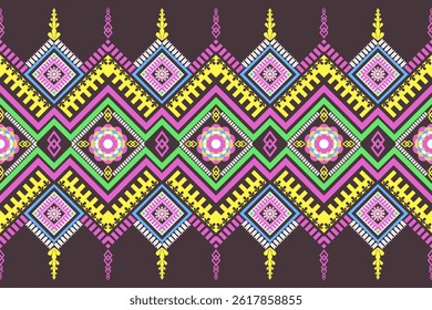 Ethnic Oriental Pattern Fabric Abstract Purple Yellow Green Dark Purple Background Design for background, wallpaper, textile, clothing, batik, print, cloth, carpet, fabric, textile, embroidery