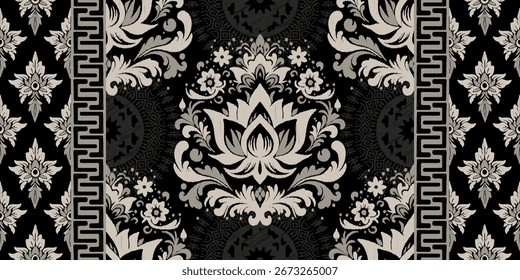 Ethnische orientalische Muster traditionellen Grenze.Saree Sarong Motive African boho Ikat Blumenstickerei Nahtlose Damast Tapete Muster. Abstraktes Design auf Vintage-Hintergrund für Textur, Stoff, Kleidung