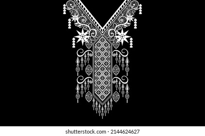 Ethnic oriental pattern traditional. Floral neckline embroidery design for fashion, background, wallpaper, clothing, wrapping, print, etc. White flower with paisley neck designs.