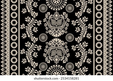 Ethnic oriental pattern traditional.Saree Sarong Motifs Ikat floral embroidery Seamless damask wallpaper pattern. Vintage background abstract design for texture, fabric, clothing, wrapping, decoration