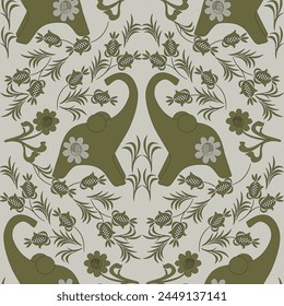 Ethnic oriental seamless vector pattern with elephant in folk style.
