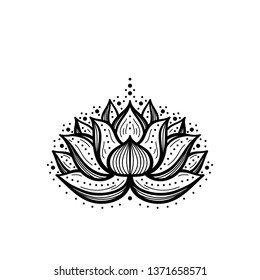 Ethnic Oriental Tattoo Mehndi Lotus Flower Symbol Line Black and White Vector Illustration. Ornamental Floral Pattern