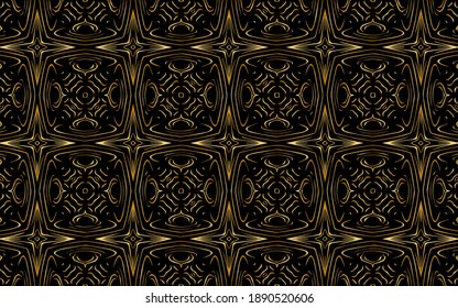 Ethnic ornament from an abstract gold pattern with lines. Geometric black background with polygons. Design for wallpaper, wrapping paper, textile, fabric, website, stained glass decor.