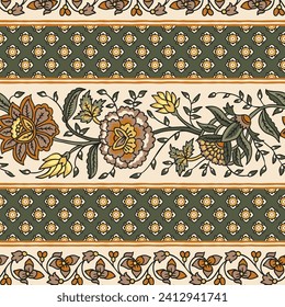 Ethnische Ornament-Grenz-Design - mit floraler Komposition die Blätter und Blumen mit Musterhintergrund für den Textil und den Digitaldruck