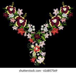 Ethnic ornament of different flowers for the design of the neck of your clothes. Vector illustration.