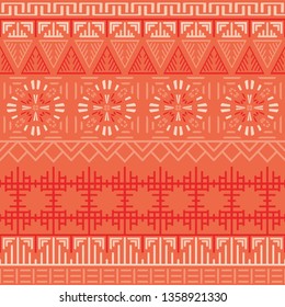 Ethnic ornament, geometric seamless pattern in trendy color of 2019, living coral. Vector stripe background.