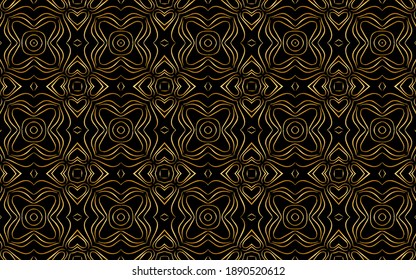 Ethnic ornament from a gold pattern. Geometric black background with hearts. Design for wallpaper, wrapping paper, textile, fabric, website, stained glass decor. 