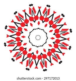 Ethnic ornament mandala geometric patterns in red and black colors on white background. Vector illustration. From collection of Balto-Slavic ornaments