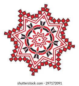 Ethnic ornament mandala geometric patterns in red and black colors on white background. Vector illustration. From collection of Balto-Slavic ornaments