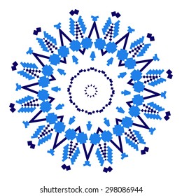 Ethnic ornament mandala geometric patterns in blue colors on white background. Vector illustration. From collection of Balto-Slavic ornaments