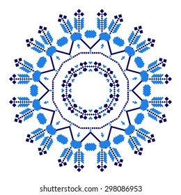 Ethnic ornament mandala geometric patterns in blue colors on white background. Vector illustration. From collection of Balto-Slavic ornaments