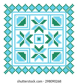 Ethnic ornament mandala geometric patterns in blue and green colors on white background. Vector illustration. From collection of Balto-Slavic ornaments