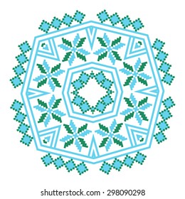 Ethnic ornament mandala geometric patterns in blue and green colors on white background. Vector illustration. From collection of Balto-Slavic ornaments