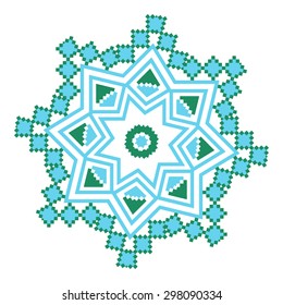 Ethnic ornament mandala geometric patterns in blue and green colors on white background. Vector illustration. From collection of Balto-Slavic ornaments