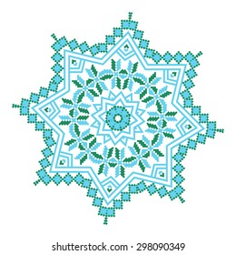 Ethnic ornament mandala geometric patterns in blue and green colors on white background. Vector illustration. From collection of Balto-Slavic ornaments