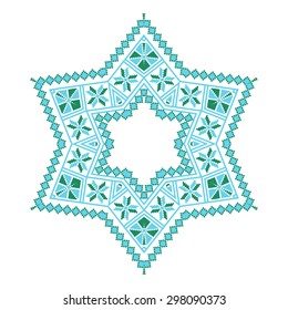 Ethnic ornament mandala geometric patterns in blue and green colors on white background. Vector illustration. From collection of Balto-Slavic ornaments