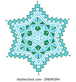 Ethnic ornament mandala geometric patterns in blue and green colors on white background. Vector illustration. From collection of Balto-Slavic ornaments