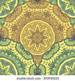 Ethnic ornament mandala geometric patterns. Spring colors background. Vector illustration. Seamless pattern