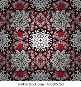 Ethnic ornament mandala geometric patterns in white colors on red floral background. Seamless pattern.