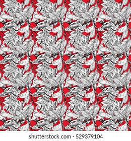 Ethnic ornament mandala geometric patterns in white colors on red floral background. Seamless pattern.
