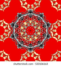 Ethnic ornament mandala geometric patterns in white colors on red floral background. Seamless pattern.