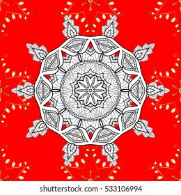 Ethnic ornament mandala geometric patterns in white colors on red floral background. Seamless pattern.