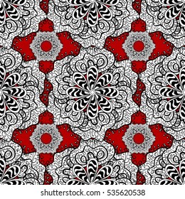 Ethnic ornament mandala geometric patterns in white colors on red floral background. Seamless pattern.