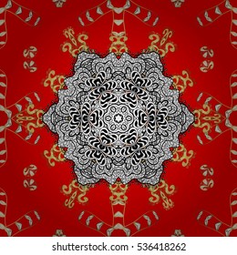 Ethnic ornament mandala geometric patterns in white colors on red floral background. Seamless pattern. Radial gradient shape.