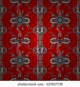Ethnic ornament mandala geometric patterns in white colors on red floral background. Seamless pattern. Radial gradient shape.