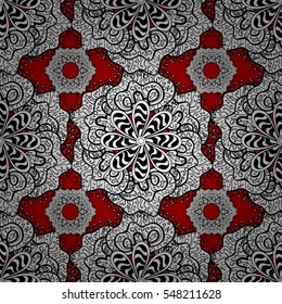 Ethnic ornament mandala geometric patterns in white colors on red floral background. Seamless pattern. Radial gradient shape. Snowflake, Christmas, New Year.
