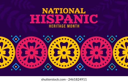 Ethnic ornament of national hispanic heritage month festival banner. Mexican and spanish culture holiday vector poster with latino arts pattern, papel picado flags garland, tropical flowers and plants