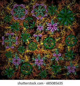 Ethnic ornament on background. Hand drawn vector colored Mandala seamless pattern. Arabic, indian, turkish and ottoman culture decoration style. Magic vintage template of greeting, print, cloth.