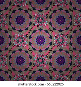 Ethnic ornament on background. Magic vintage template of greeting, print, cloth. Hand drawn vector colored Mandala seamless pattern. Arabic, indian, turkish and ottoman culture decoration style.