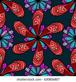 Ethnic ornament on blue background. Hand drawn vector colored Mandala seamless pattern. Arabic, indian, turkish and ottoman culture decoration style. Magic vintage template of greeting, print, cloth.