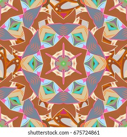 Ethnic ornament on bown background. Arabic, indian, turkish and ottoman culture decoration style. Magic vintage template of greeting, print, cloth. Hand drawn vector colored Mandala seamless pattern.