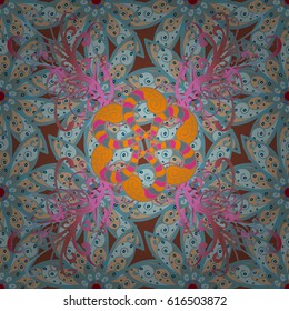 Ethnic ornament on colorful background. Arabic, indian, turkish and ottoman culture decoration style. Magic vintage template of greeting, print. Hand drawn vector colored Mandala seamless pattern.