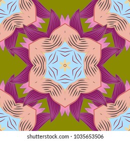 Ethnic ornament on pink, purple and green colors. Magic vintage template of greeting. Hand drawn vector colored Mandala seamless pattern. Arabic, indian, turkish and ottoman culture decoration style.