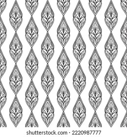 Ethnic ornament seamless pattern. Hand drawn linear geometric symmetrical and floral elements. Vector line art  texture with indian folk motif for fabric, meditation concept, yoga textile