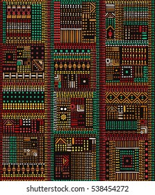 Ethnische Ornamente. Nahtloses Muster mit handgezeichneten Design-Elementen. Farbige Vektorgrafik auf dunklem Hintergrund.