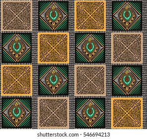 Ethnic ornament. Seamless pattern with hand-drawn patchwork design elements. Colorful vector illustration rhombus and square on dark background.