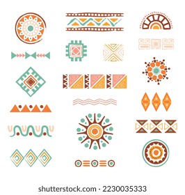 Ethnic ornament set. Collection of graphic elements for website, abstract colored lines and geometric shapes. Culture and traditions. Cartoon flat vector illustrations isolated on white background