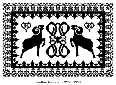 ethnic ornament with stylized aries and elements of astrological symbols. Illustration, vector