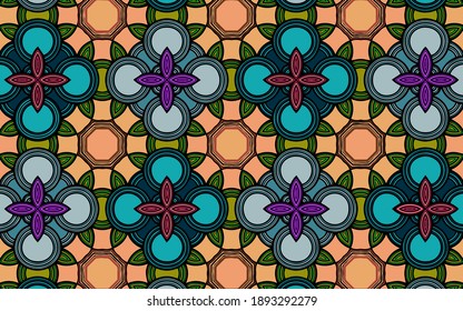 Ethnic ornament from a traditional oriental pattern. Geometric colorful background in doodling style. Texture for decorating wallpaper, wrapping paper, textiles, fabric, website, stained glass.