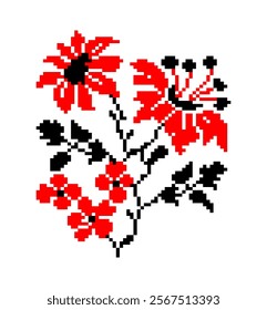 Ethnic ornament of Ukraine. Red and black flowers. Embroidered pattern on a transparent background. Pixel art. Vector illustration.