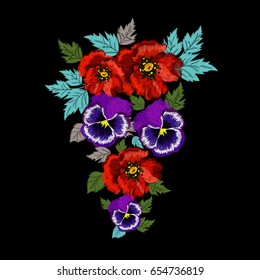 Ethnic ornament of violets, pansies, poppies,  for your design. Vector illustration.