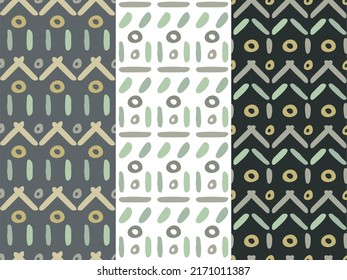 Ethnic ornamental grid, seamless patterns, set of 3. Hand drawn doodle organic shapes. Olive green earth tones colors. Geometrical grid surface layer. Transparent background. Vector