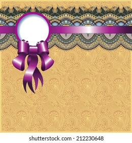 ethnic ornamental pattern with silk ribbon and place for your company name and text on flower background, vector illustration