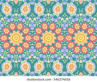 Ethnic ornamental seamless pattern with flowers - mandalas. Vector illustration.