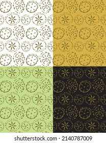 Ethnic ornamental seamless Pattern. Hand drawn ink brush doodle style circles, flower, sun symbols in gold yellow color. Easy editable color background. Vector