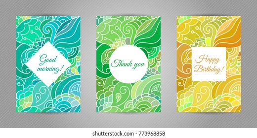 Ethnic ornamental set of birthday, thank you and good morning greeting cards with tribal style colorful pattern background.